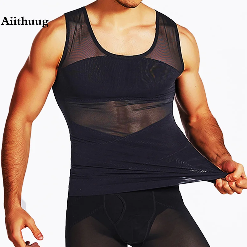 Aiithuug Mens Slimming Body Shaper Vest Chest Abdomen Compression Tank Top Belly Hiding Undershirts Shapewear Vest Men