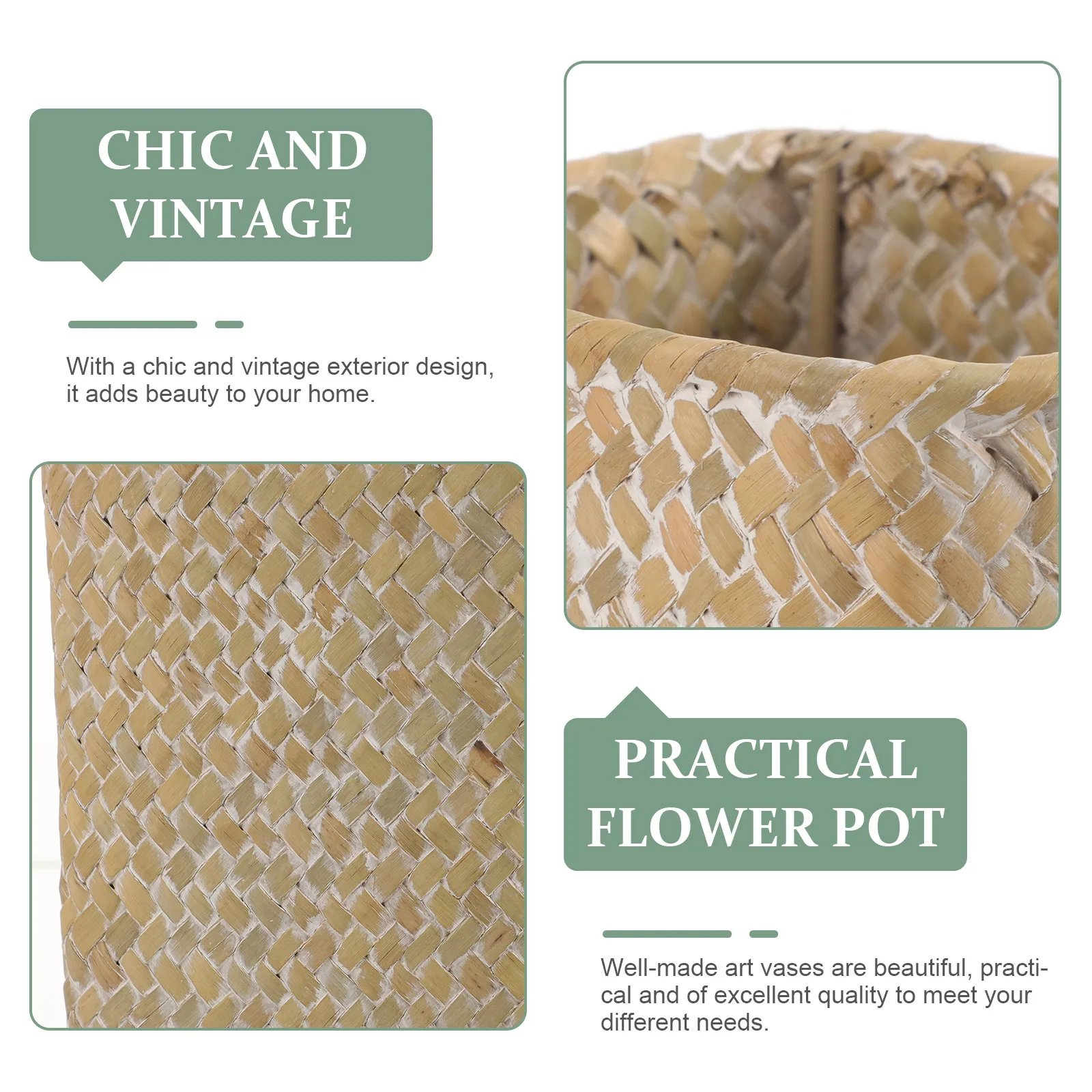 

Seagrass Woven Basket Vase 11x11x30cm White Home Decorative Vase Office Decor Planter Dry Flowers Simulation Plants