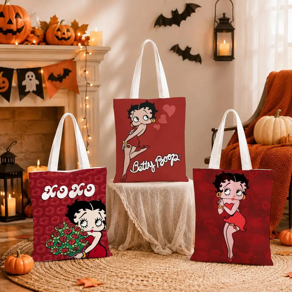Cartoon B-Betty Boop Sleeping Storage Bags Canvas Tote Bag Women Large Capacity Reusable Eco Shopping Bag Shoulder Handbag