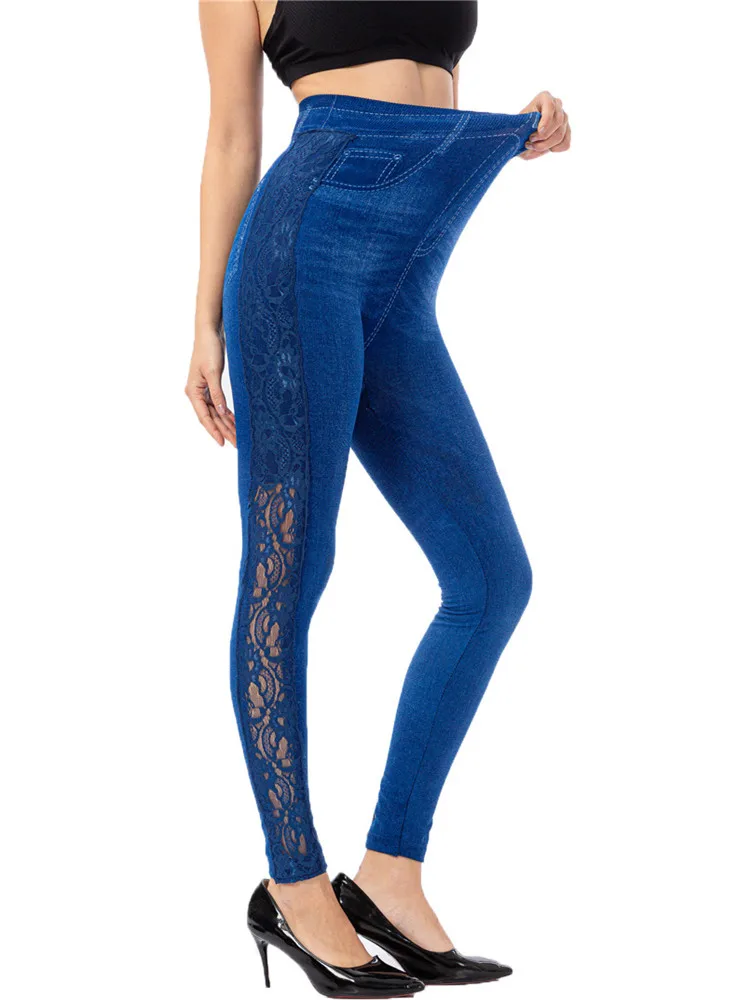 VISNXGI Leggings donna vita alta Sexy palestra pantaloni da allenamento stampati vuoti Push Up elasticità Faux Denim Jean Fitness Patchwork