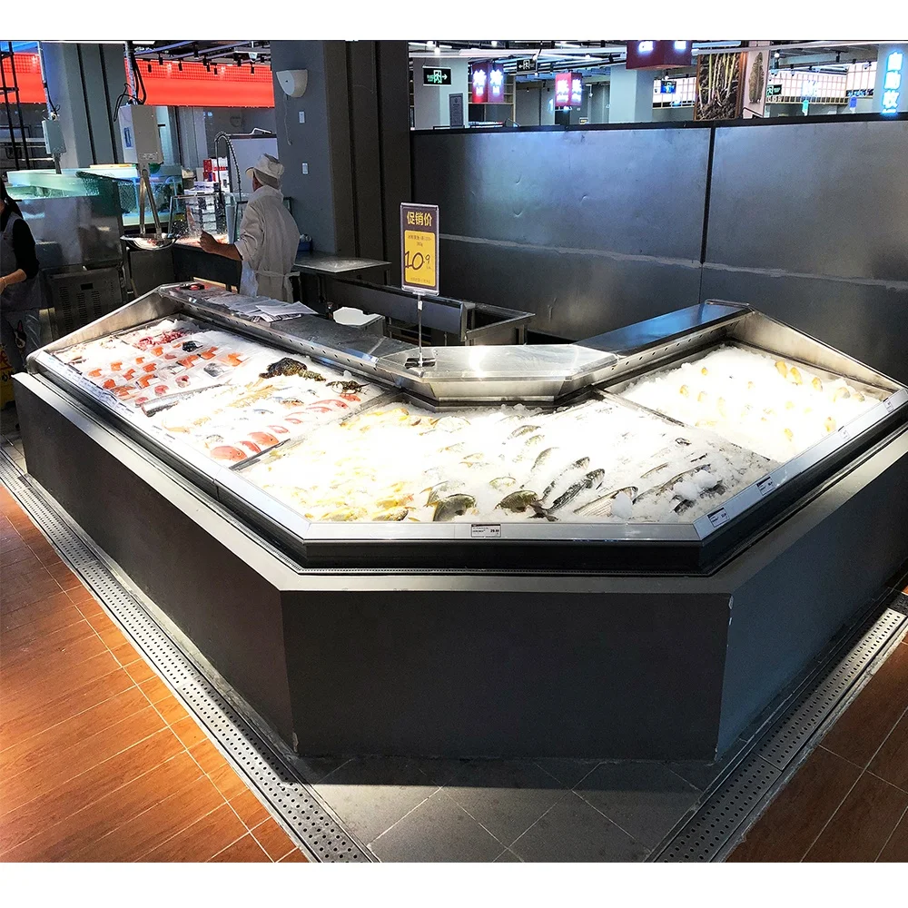 supermarket single temperature display freezer refrigerator, direct refrigeration of fish, chilled food, chicken, frozen food