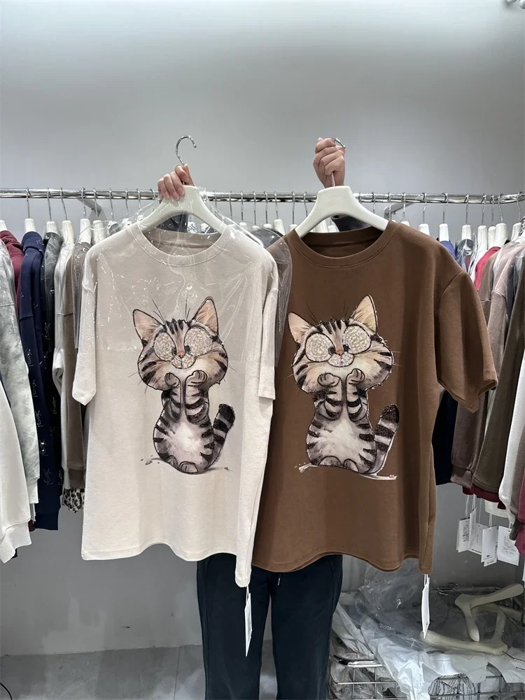 Heavy Industry Thick Cotton Short-sleeved T-shirt Women's Winter 2024 New Versatile Mid Length Bead Cartoon Cat Half-sleeved Top