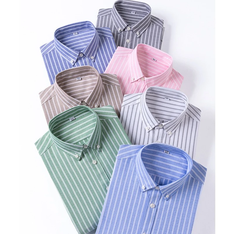 

4XL Casual Formal Easy-care Oxford 100% Cotton Men Shirts Short Sleeve Solid Color Classic Striped Shirts for Men Short Sleeved