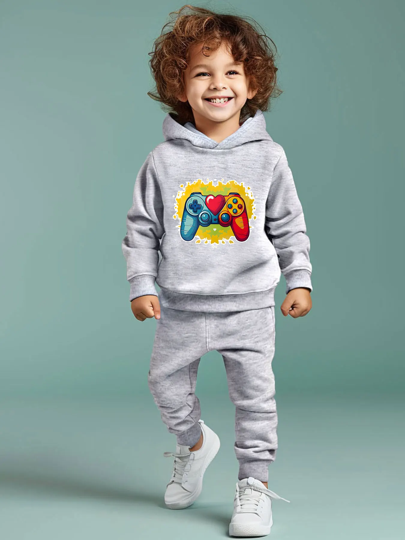Conjunto de moletom com capuz de manga comprida para meninos, primavera e outono, com estampa de controle de videogame com tinta colorida, calça versá