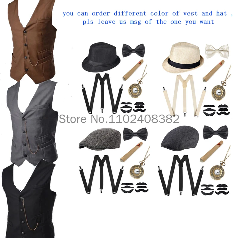 Adult Costume Accessories Set Steampunk WaistCoat Gangster Vest Pocket Watch 1920s Men Gatsby Cosplay Beard Disfraces