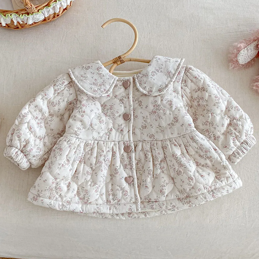 Winter Coats For Girls Quilted Velvet Thicken Warm Children Outerwear Clothing Floral Turn-Down Collar Christmas Toddler Jackets