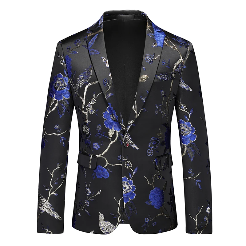 Rose Pattern Suit Jacket Men\'s Wedding Party Dress Coat High Quality Men Slim Blazers Masculino