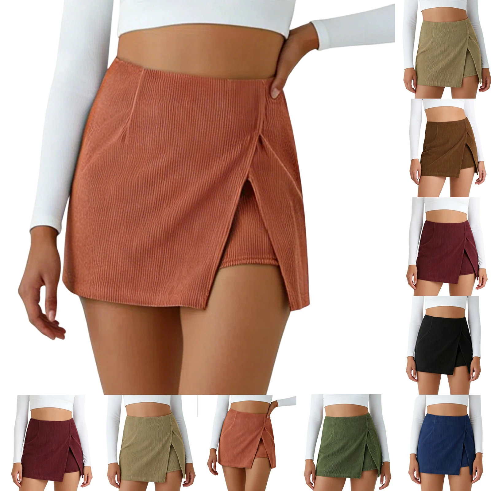 Mini jupe en velours côtelé taille haute pour femmes associée à des shorts, jupes courtes décontractées à taille haute avec fente latérale, jupes sportives de couleur unie