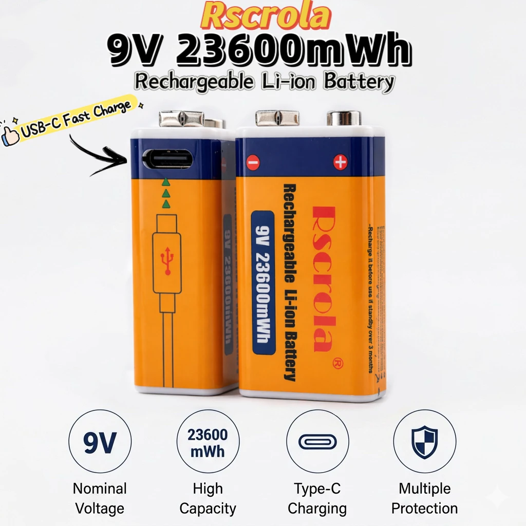 9V 23600mWh Type-C Fast Charging Rechargeable Lithium Battery Suitable for Microphone Guitar Tuner Multimeter Toys