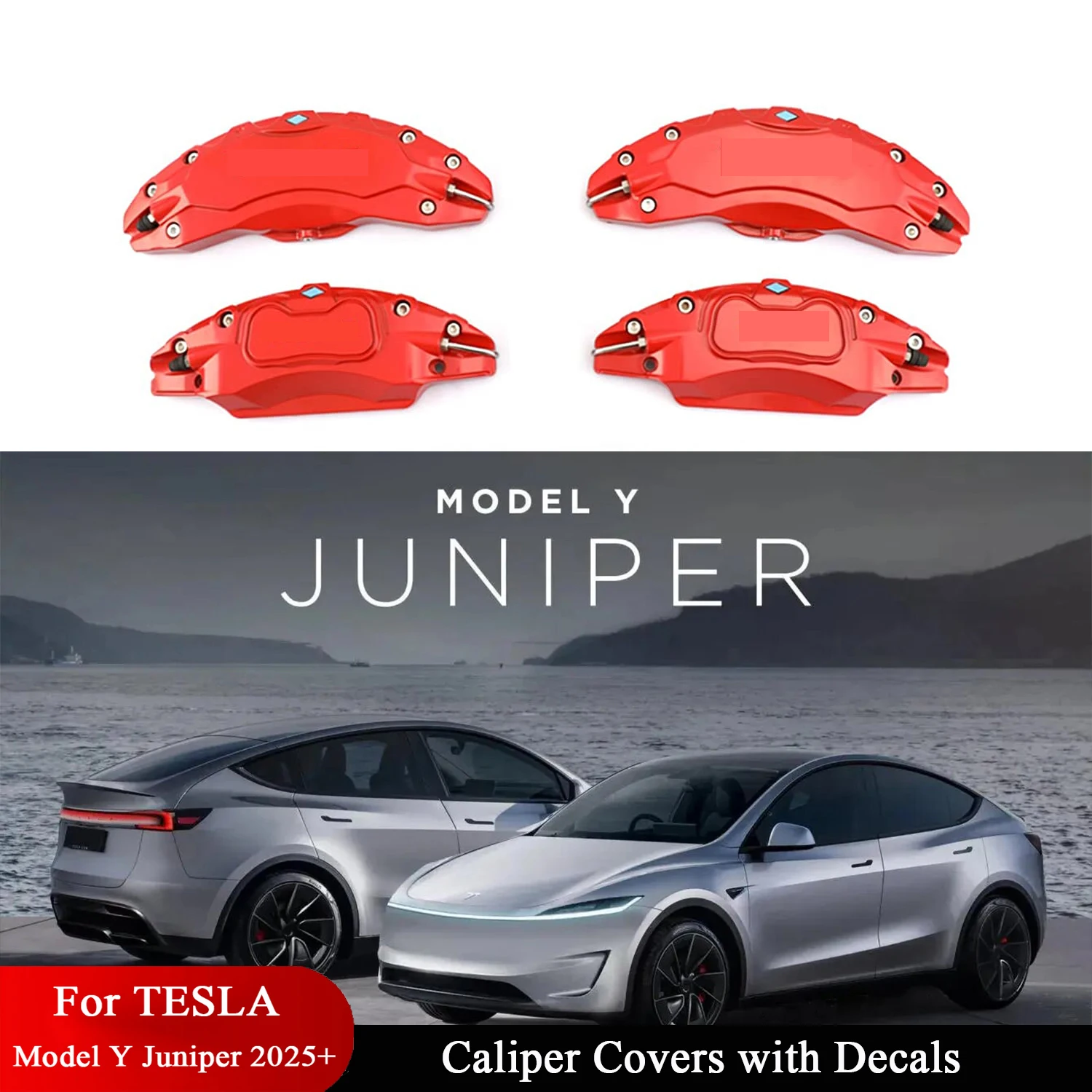 

Brake Caliper Covers For Tesla Model Y Juniper 2025 2026 Accessories with Decals 4PCS Aluminum Alloy(not for RWD made in Berlin)