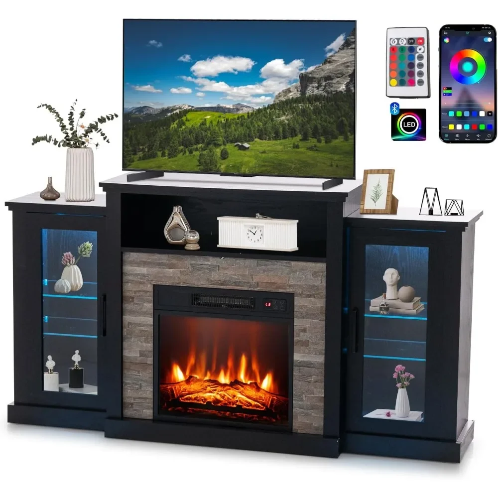 TV Stand with Electric Fireplace for up to 65in,Mantel,Entertainment Center w/16 Color Lights, APP Control & 4 Light Modes,Timer