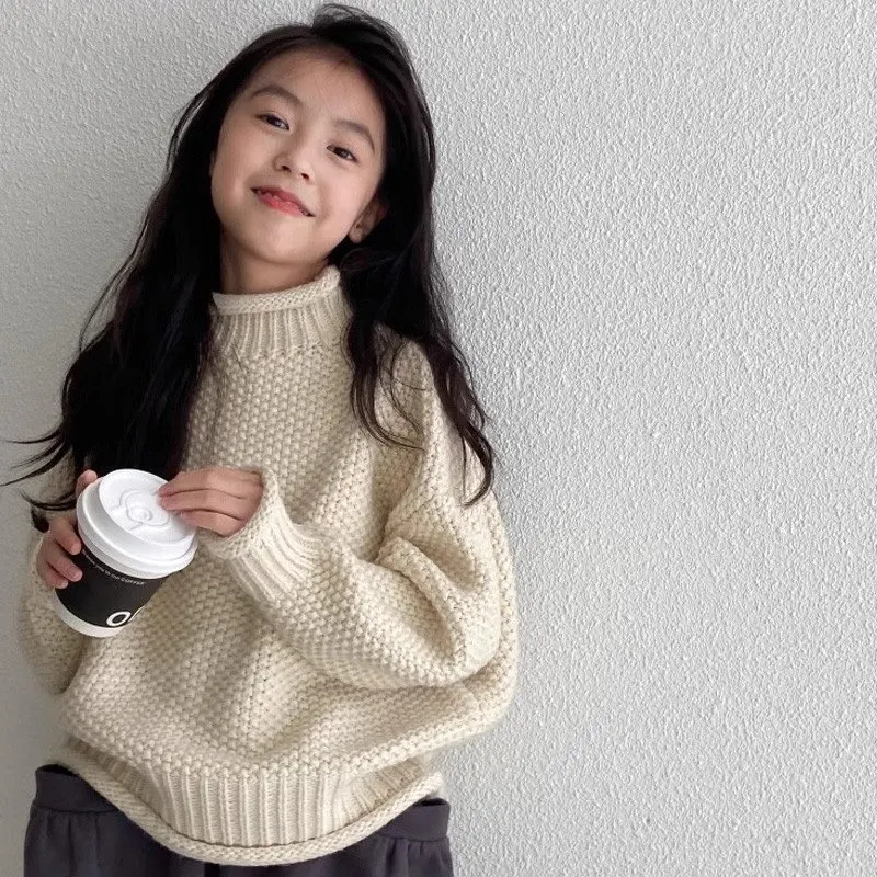 Girls Sweater 2026 Winter New Fleece Lined Pullover Mock Neck Thick Knitted Top Kids Fashion Clothing