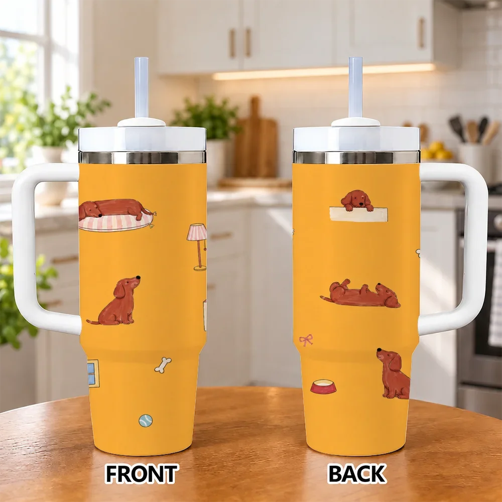 Dachshund Dog Bone Ball 40oz Tumbler with Handle Straw Stainless Steel Insulated Travel Mug Water Cup Pet Lover Gift