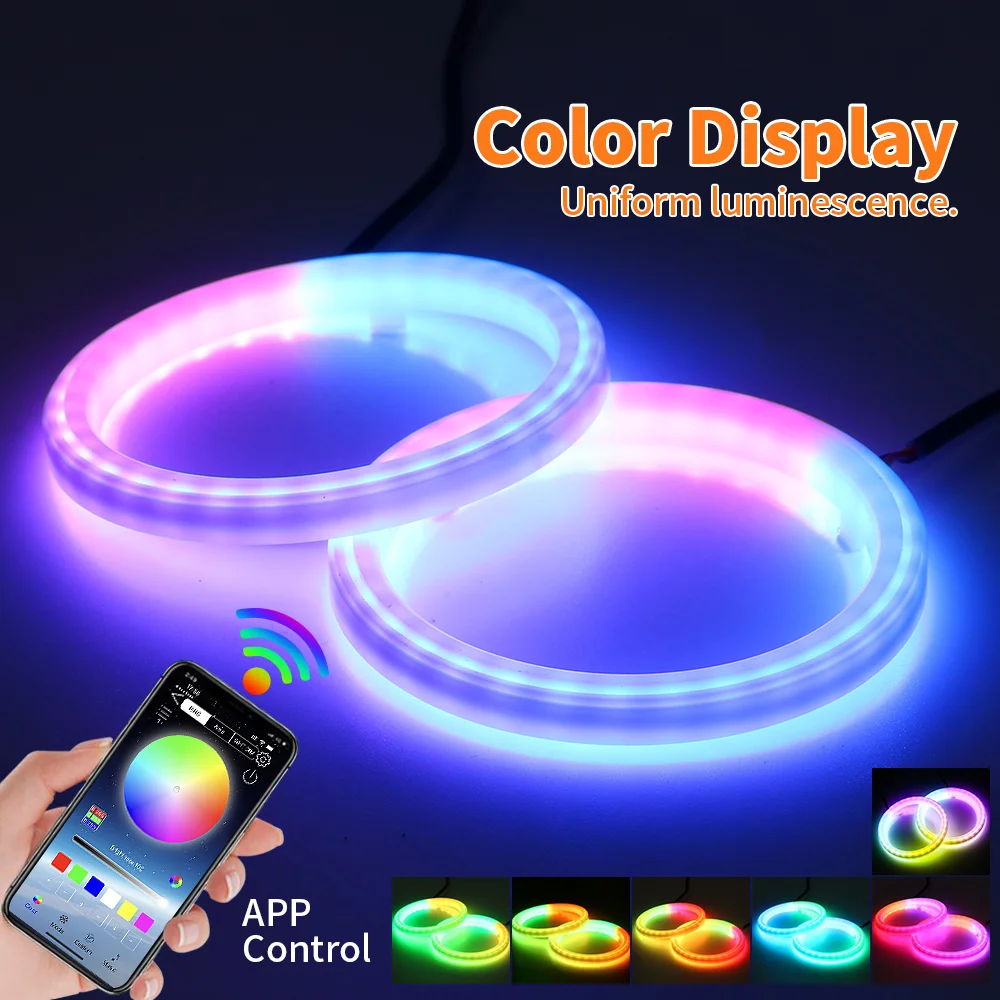 2PCS Led Angel Eyes DRL Halo Rings DRL Headlight 60mm 70mm 80mm 90mm RGB Cotton 12V 24V APP Bluetooth with Turn Signal Lights