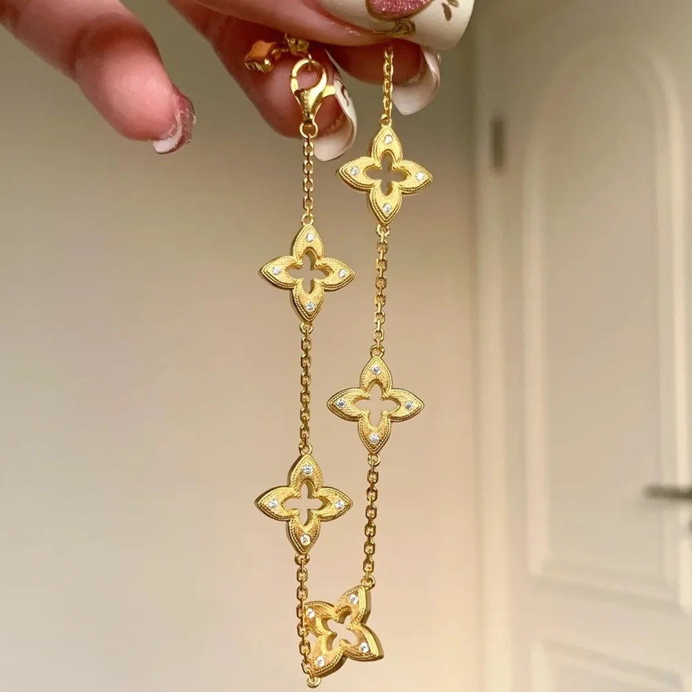 Vintage Style 4 Leaves Clover Choker Woman Chain Bracelets Bling Zircon Dimonds Inlaid 14K Gold Filled Luxury Jewelry Gifts