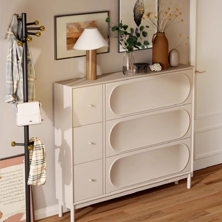 Shoe Cabinet 24cm Ultra-Thin, Tipper Shoe Rack with Pandora Slate Top, Cream White MDF Storage, Modern Hallway Shoe Organizer