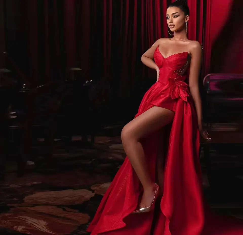 

Pretty Red High Slit Party Dress Women V Neckline Floral Party Dress Beaded Off The Shoulder Arabic Long Prom Gowns Sexy