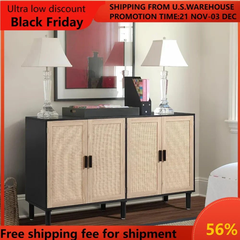 4 Door Sideboard Buffet Cabinet, Kitchen Storage Cabinet with Rattan Decorated Doors, Cupboard Console Table