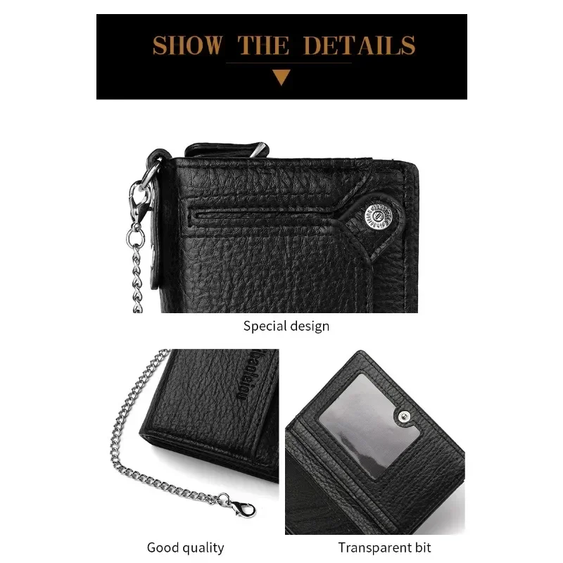 กระเป๋าสตางค์ผู้ชายแบบใหม่ ป้องกันการโจรกรรม พร้อมสายคล้องมือ สไตล์ยุโรปและอเมริกา กระเป๋าสตางค์ย้อนยุค ใส่บัตรขับรถ กระเป๋าใส่บัตร ซิปใส่เหรียญ