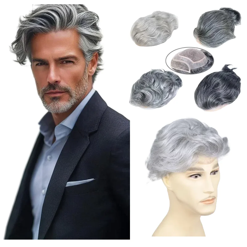 

Мужской парик с серой смешанной моно-базой 8x10 дюймов, 100% кружево из натуральных волос с полиуретаном для особых мероприятий, цвета 1B90 4T613