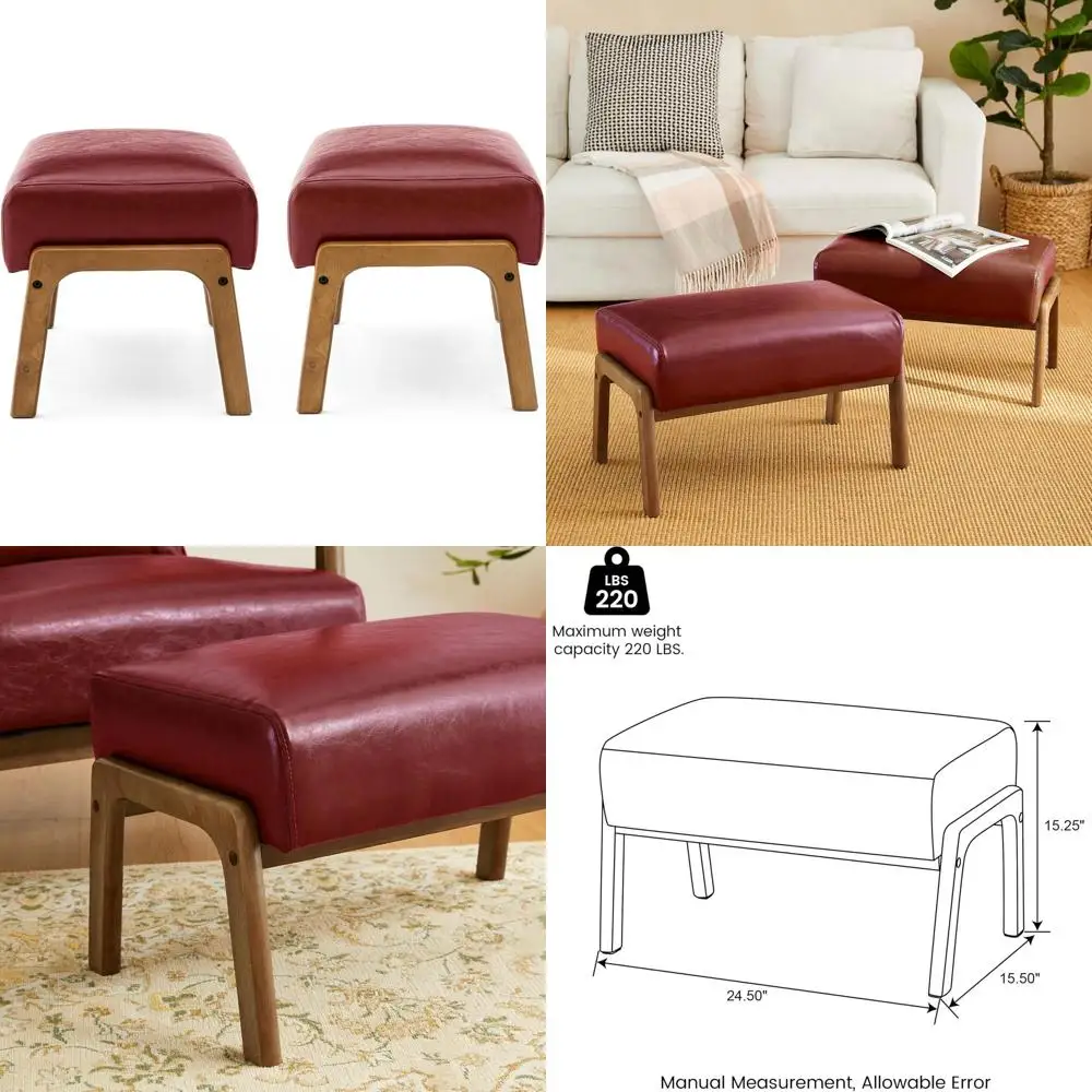 

Leatherette Ottoman Stool with Rubber Wood Legs, Ideal for Vanity or Living Spaces, Wine Red