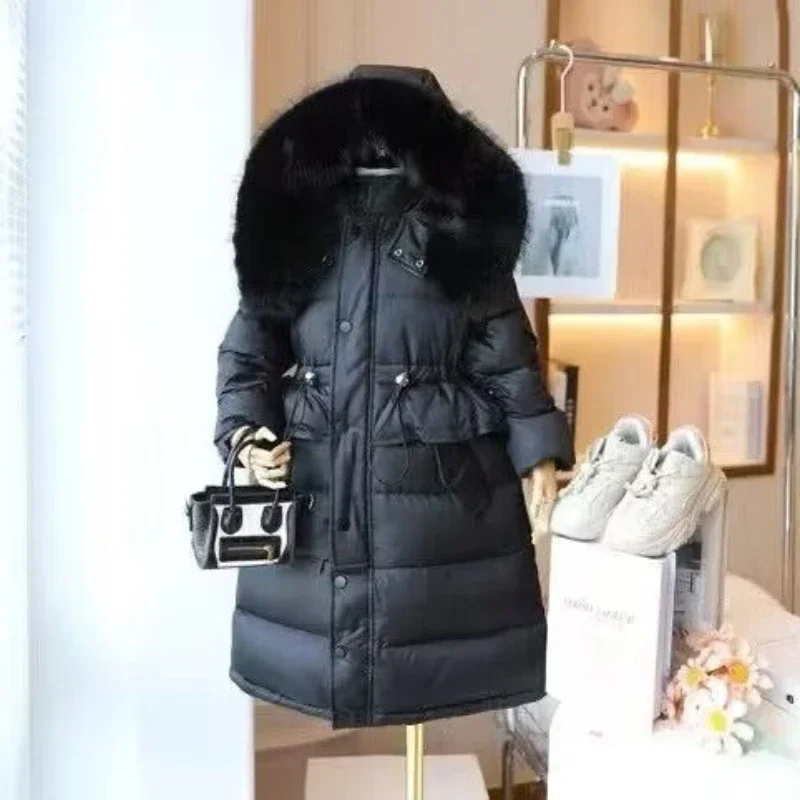 Girls Winter Jacket Coat 2024 New Kids Warm Thicken Parka Hooded Children Big Fur Collar Outerwear Fashion 10 12 To 14 Years Old