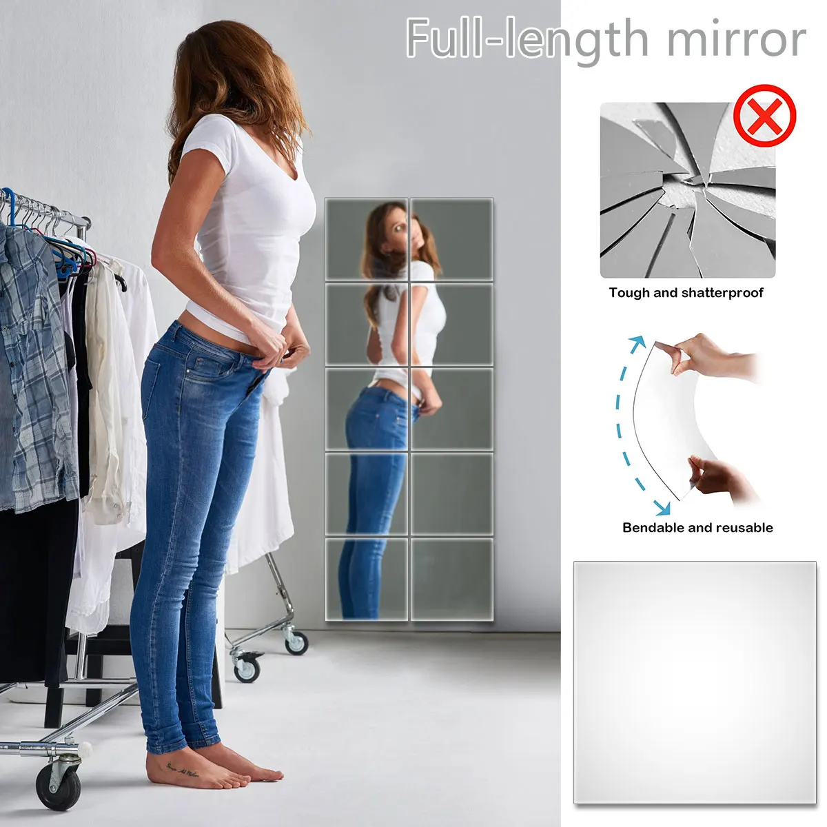 10Pcs Mirror Sheets Self Adhesive Non Glass Mirror 12 x 12 Inch Ultra-thin Flexible Mirror Stickers for Bedroom Closet Bathroom