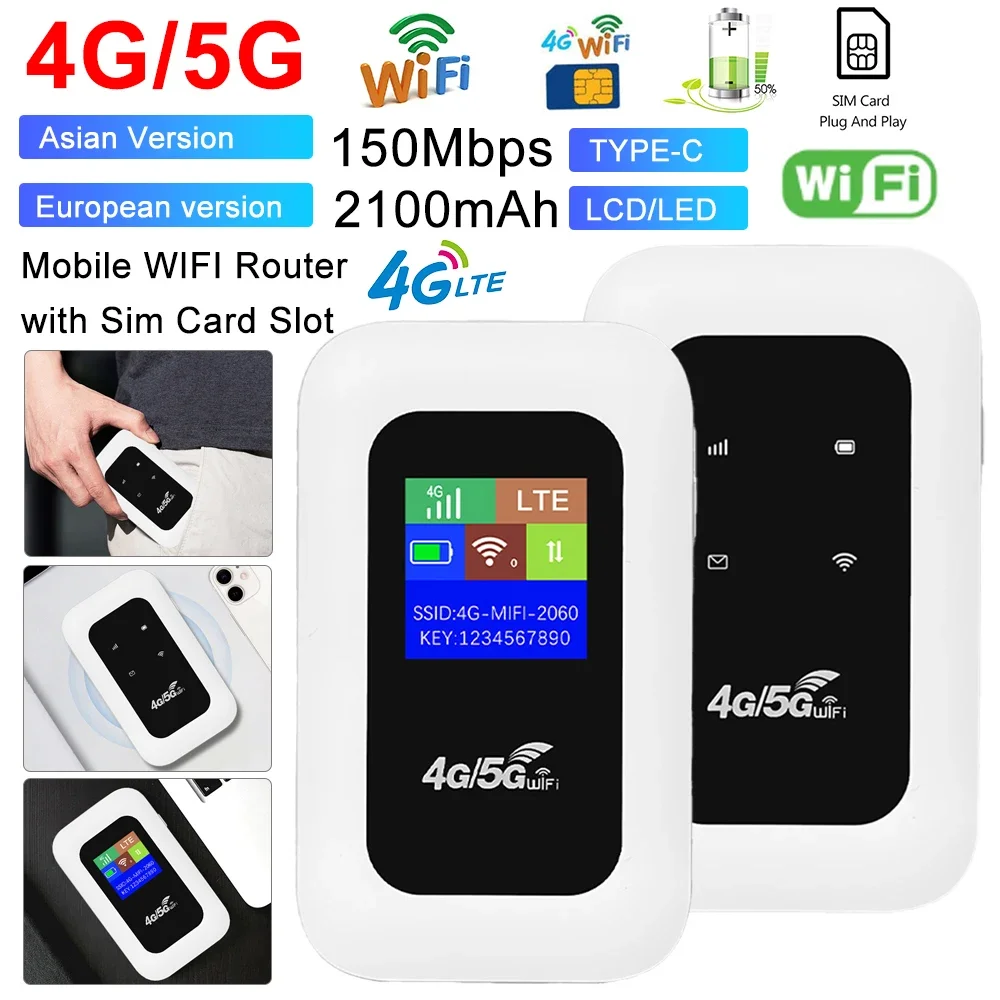 150Mbps 4G LTE Wireless Router 4G/5G Mobile WIFI Router 2100mA Portable Pocket MiFi Modem Mobile Wifi Hotspot with Sim Card Slot