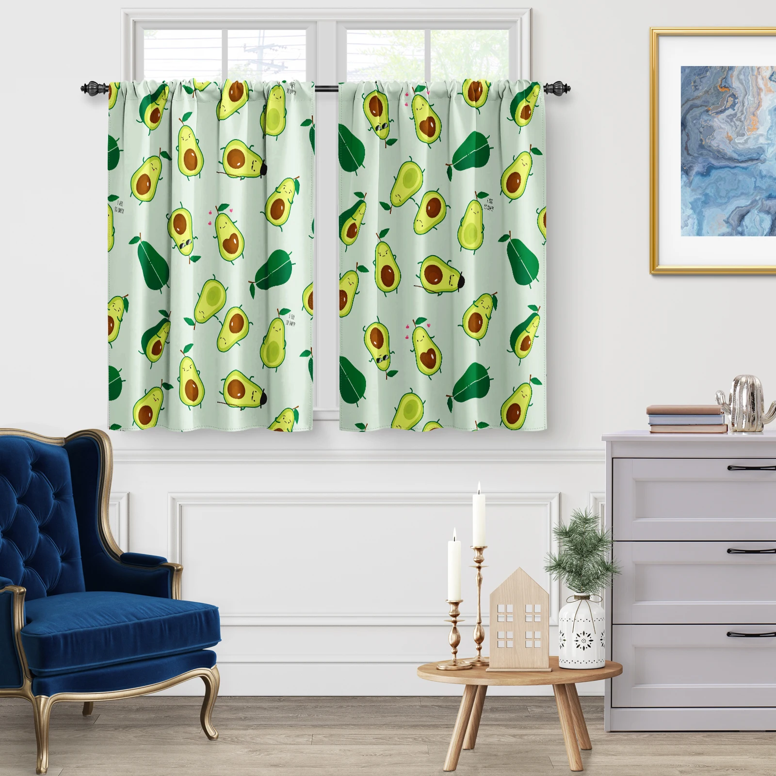 2 Panels Cute Cartoon Avocado Kitchen Curtains, Country Farmhouse Rustic Nature Fruit Short Cafe Curtains Decor Window Drapes