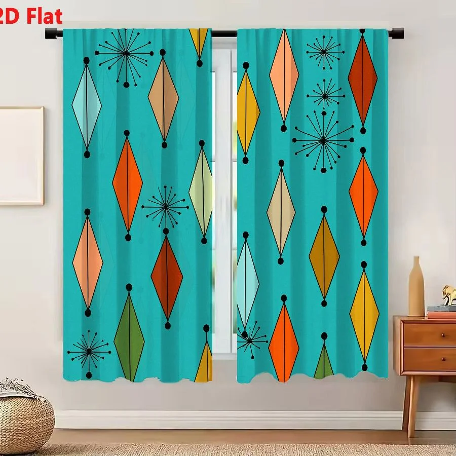 2Pcs Curtains 2D Flat Vibrant Mid-Century Modern Geometric Starburst Pattern On Teal Background With Orange Yellow Pink Green An