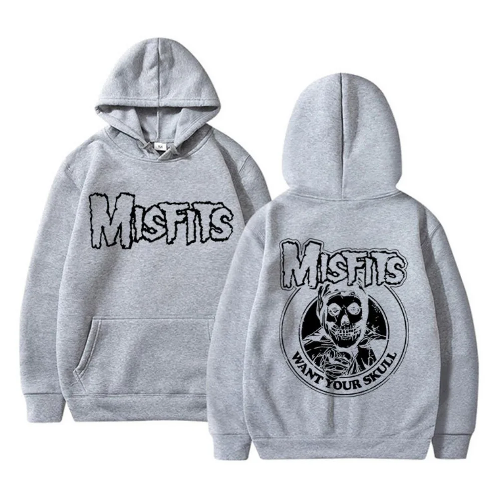 Horror Punk Misfits Skull Graphic Print Hoodie Men Gothic Vintage Loose Hoodies Male Fleece Cotton Clothes Men's Rock Sweatshirt