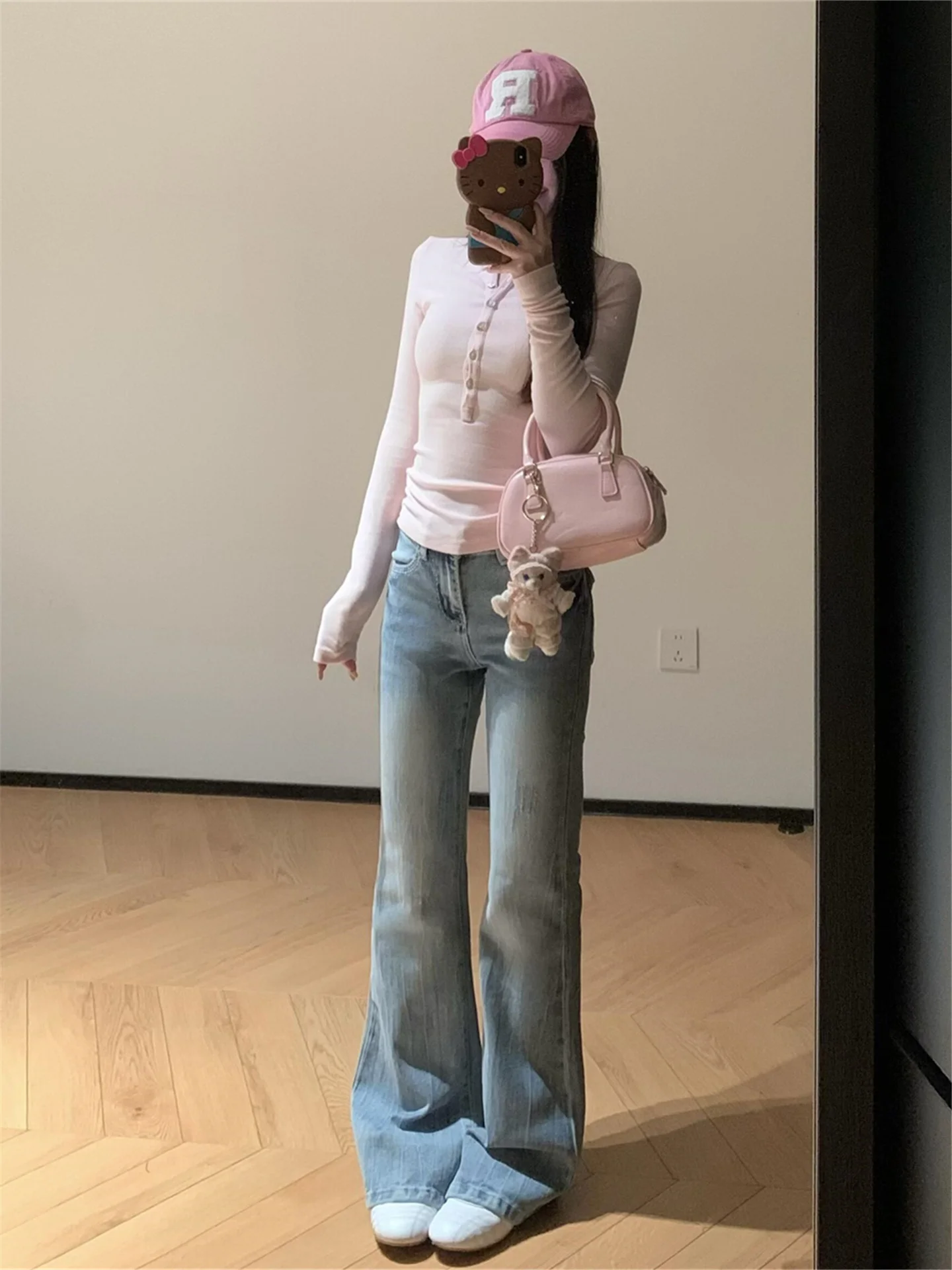 

Женские джинсы-клеш из светлого денима с вышивкой, облегающие, сексуальные, длинные, эластичные, в американском уличном стиле, в пол