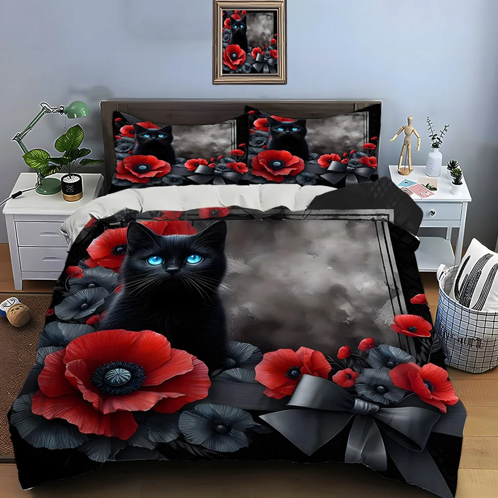 Black cat with red poppies print Bedding Set for Kids Luxury Gift 3pcs Digital Print Comforter Set Soft Comfortable Breathable