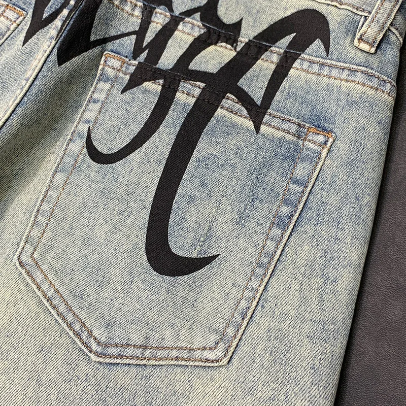 High-End Washed Fashion Men's High Street Trousers Wear-Resistant Letter Printing Slim Straight Hip Hop Style Retro Jeans