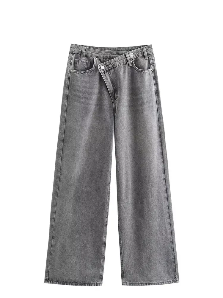 Damenhose, Denim, solide, asymmetrisch, hohe Taille, gerade, lange Hose, Damen, vielseitig, Basic, 2025, neue Damen-Jeans mit weitem Bein