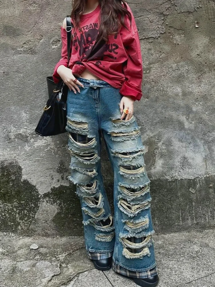 

Ropa Y2K Grunge, винтажные синие мешковатые рваные джинсы, брюки для женщин, одежда, уличная одежда, новые женские джинсовые брюки в стиле рок