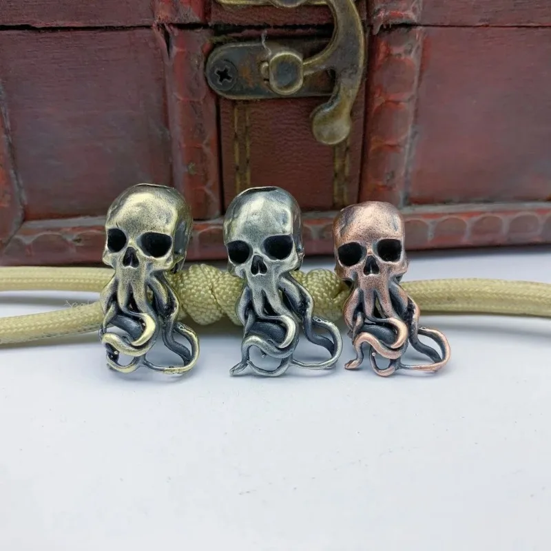 Punk Brass Knife Bead Key Ring Pendants Copper Skull Keychains Rope Beads Paracord Car Accessories