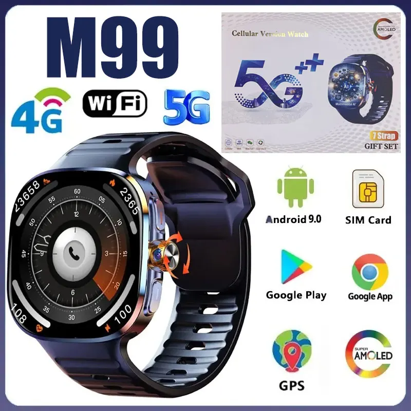 Nouvelle montre intelligente M99 5G avec écran AMOLED 2,4 pouces, système d'exploitation Android, appels à caméra rotative, carte SIM et prise en charge WiFi
