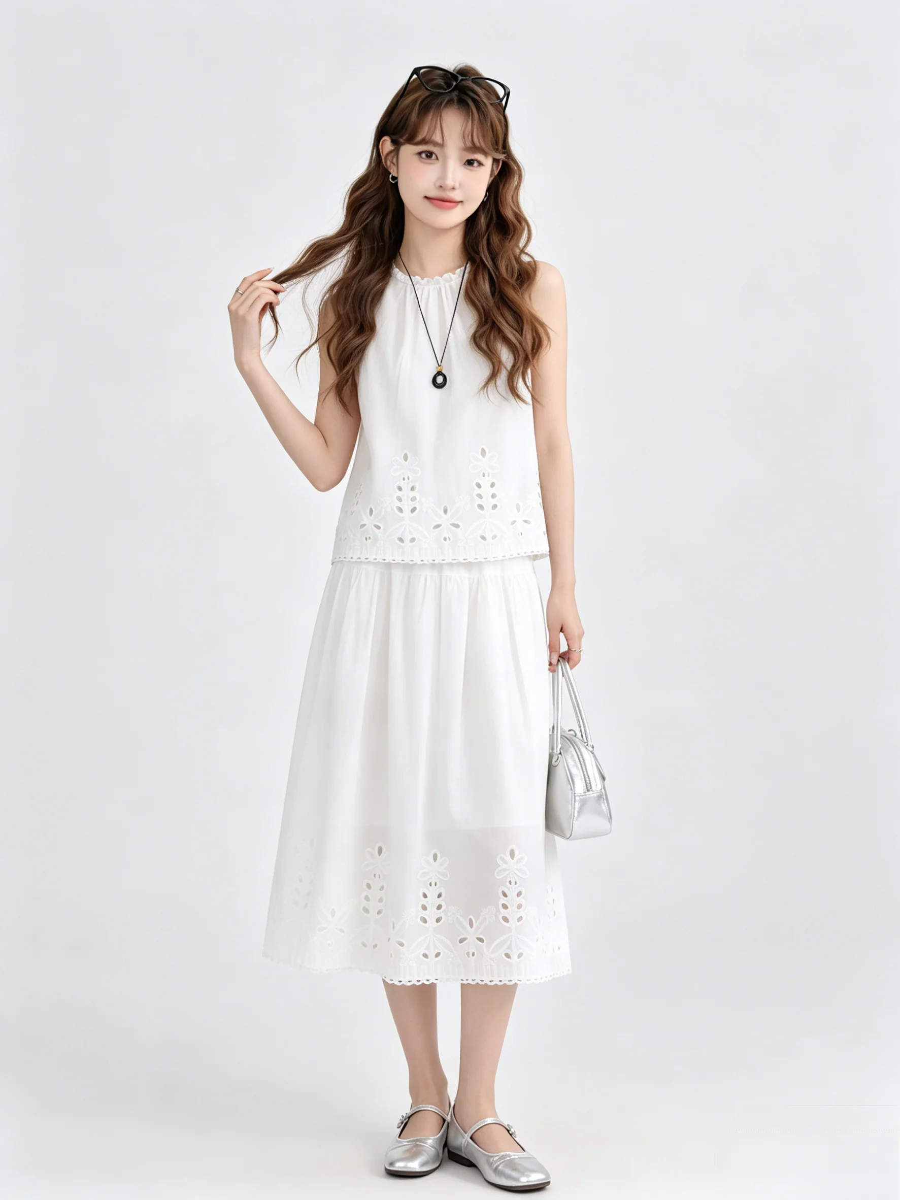

Women's Summer Outfit Hollow out Sleeveless Vest And High Waist Skirt Two Piece Set Breathable Comfortable round Neck De...