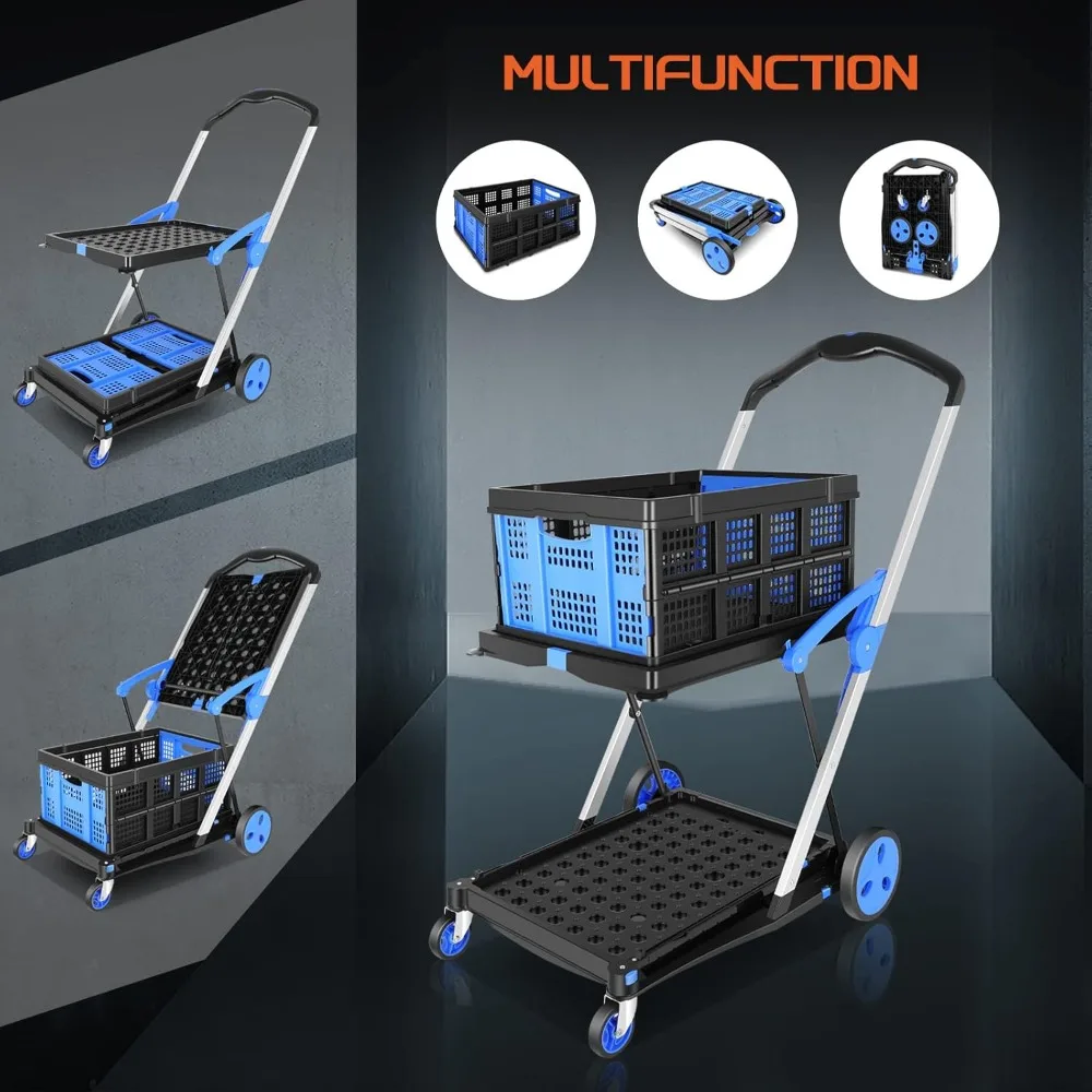 Functional Collapsible Utility Cart,Collapsible Shopping carts with Storage Crate Adjustable Shopping Cart Mobile Folding