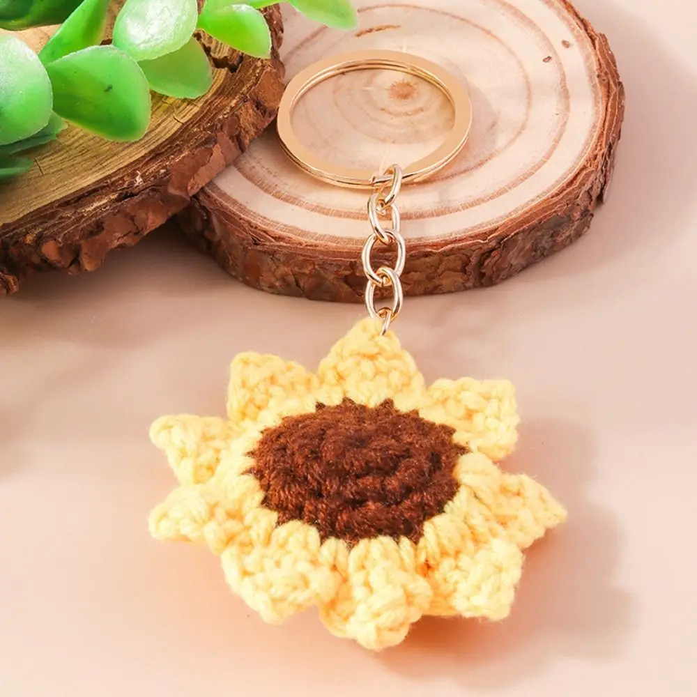 Handmade Crochet Sunflower Pendant Handbag Decor Backpack Crocheted Flower Key Ring Weaving Bag Charm Knitted Keychain DIY Gifts
