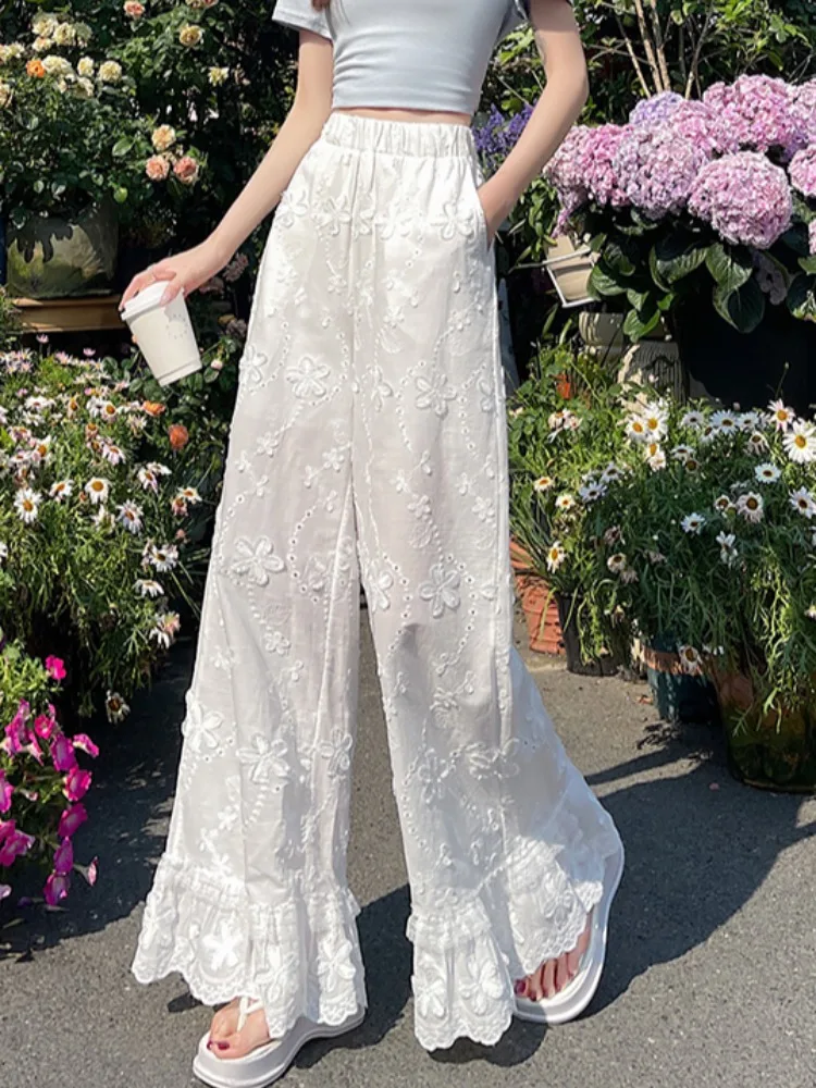 

French Embroidered Hollow Lace Casual White Wide-leg Pants Women's Summer Mopping Ruffle Edge Sweet Straight Pants Women Pants