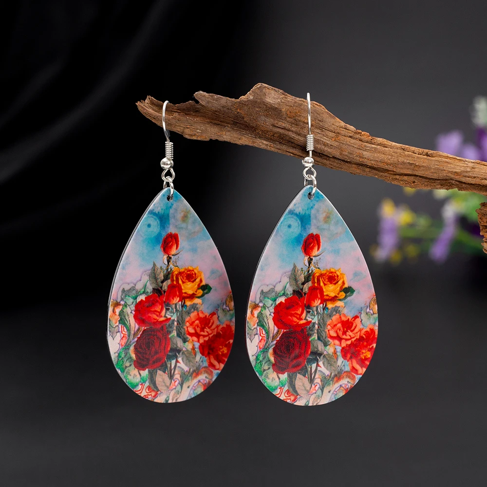 Fashion Water Drop Relievo Printing Rose Flower Acrylic Women\'s Earrings Trend 2025 Retro Style Aesthetic Elegant Girls Jewelry