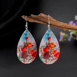 Fashion Water Drop Relievo Printing Rose Flower Acrylic Women's Earrings Trend 2025 Retro Style Aesthetic Elegant Girls Jewelry