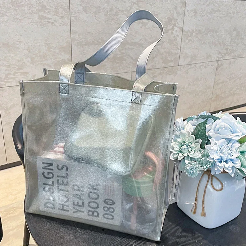 Glitter Clear PVC Transparent Tote Bag For Student Large Capacity with Handles Portable Stationery Storage Bag Shopping Handbag