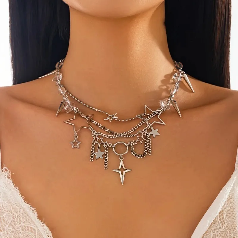 Gothic Star & Spike Layered Choker Necklace, Silver Tone Chain with Hollow Star & Crystal Charms, Punk Grunge Statement Jewelry
