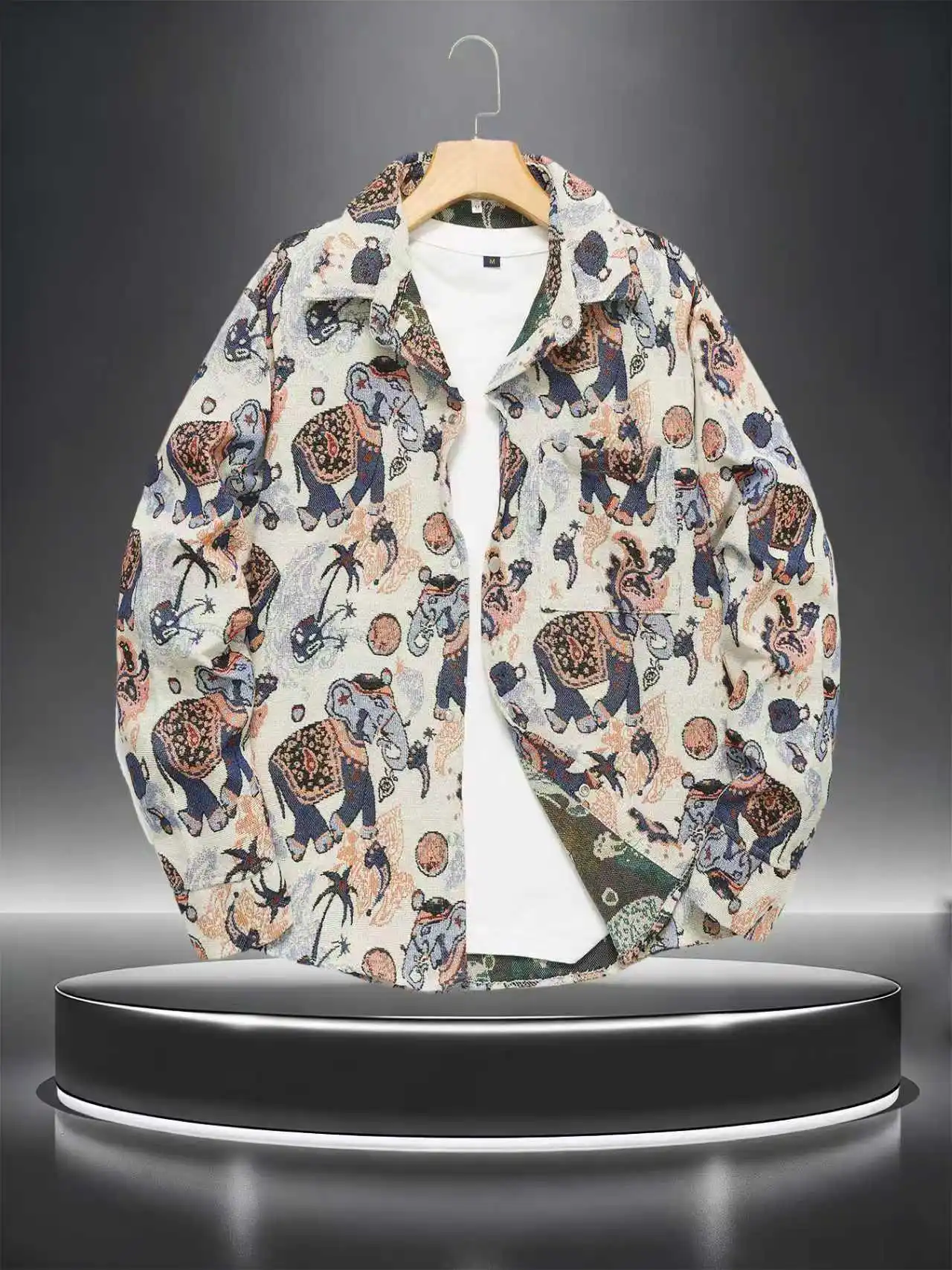 

Spring and Autumn Style Men's Retro Ethnic Elephant Jacquard Long Sleeve Vintage Versatile Casual Loose-Fit Jacket