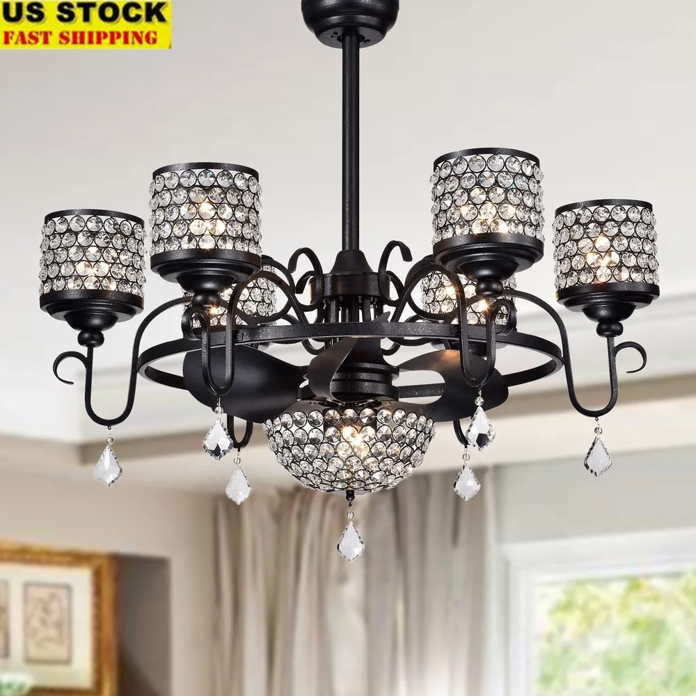 35 بوصة أسود كريستال Fandelier مروحة السقف التحكم عن بعد 7 ضوء الثريا الحديثة الحديد تصميم كفاءة دوران الهواء