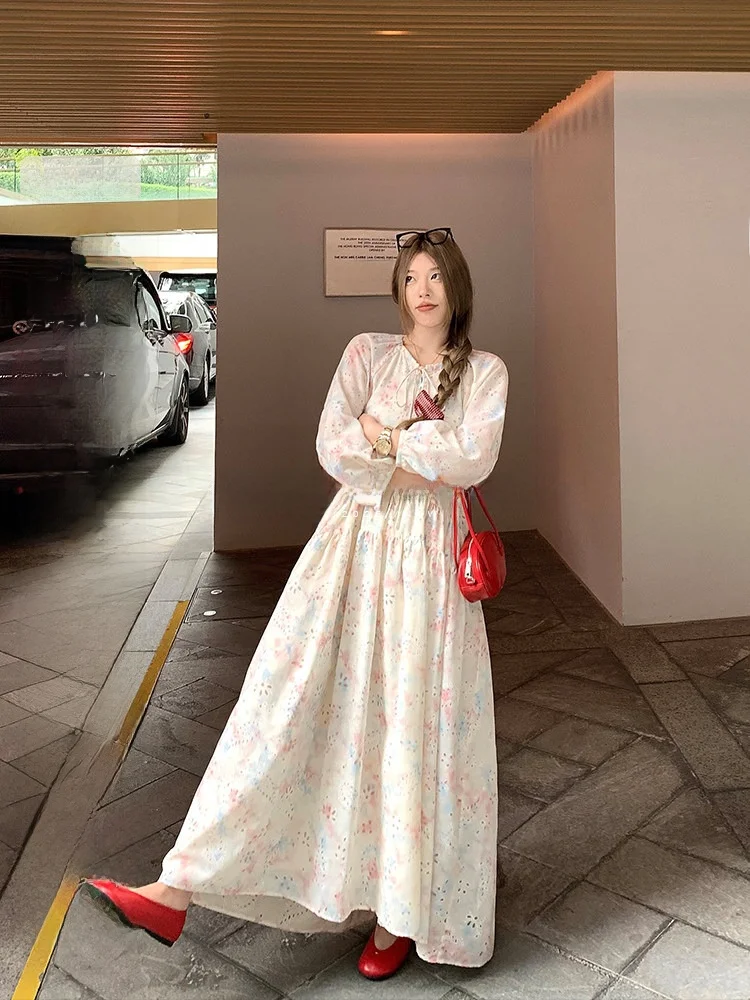

Long Sleeve Embroidered Loose Fit round Neck Dress Women's Spring Autumn Heavyweight Dyed And Embroidered A-Line Dress