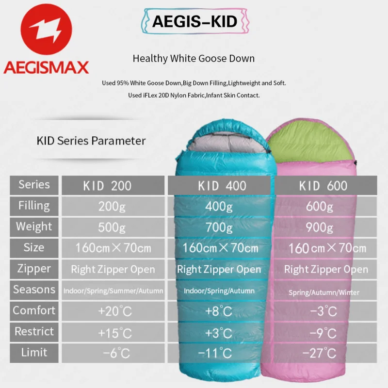 AEGISMAX Child Envelope Sleeping Bag Kids Camping Thicken White Goose Down 95% Filled Warm Home Outdoor Tourist Hiking Outing